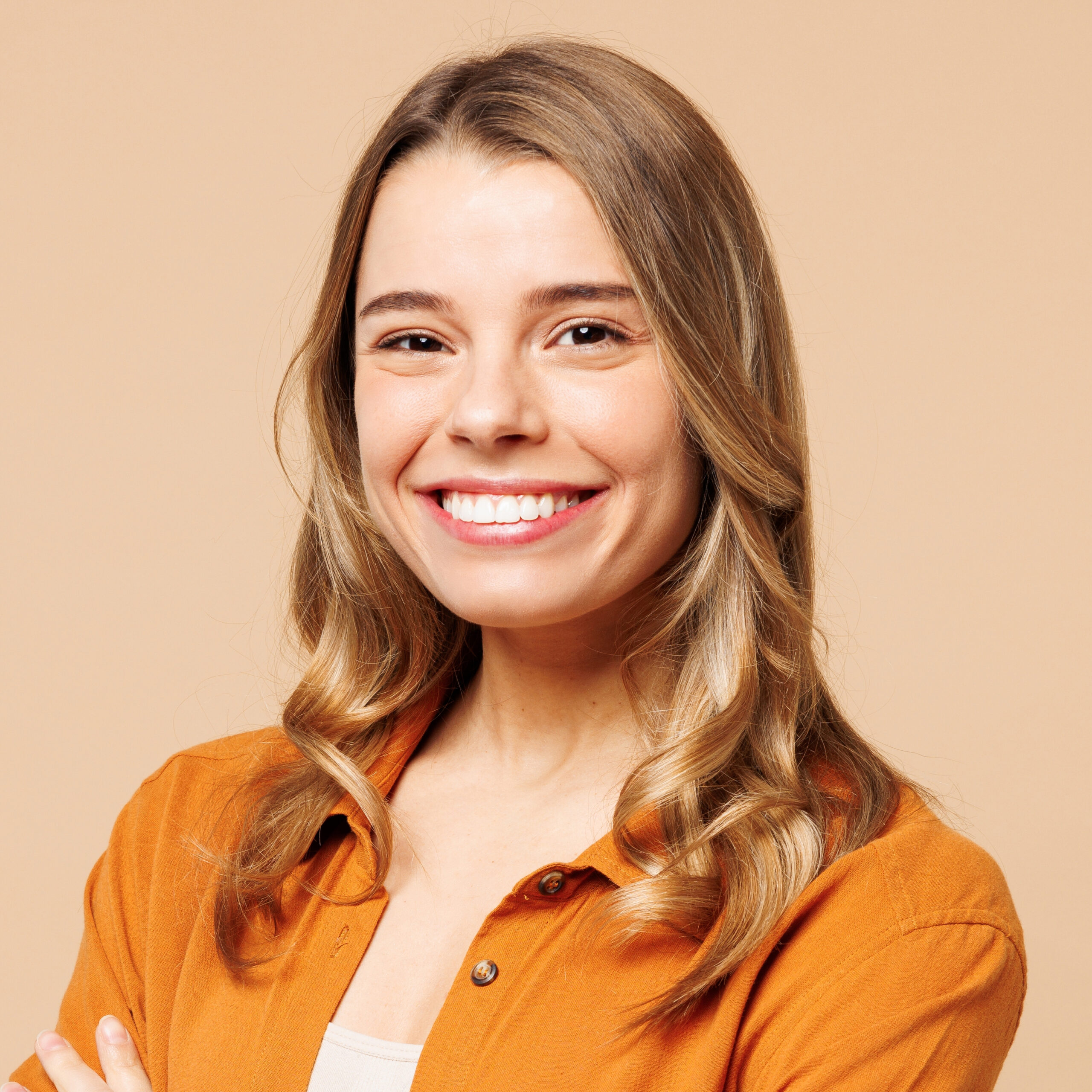 Side,View,Young,Smiling,Caucasian,Woman,She,Wear,Orange,Shirt